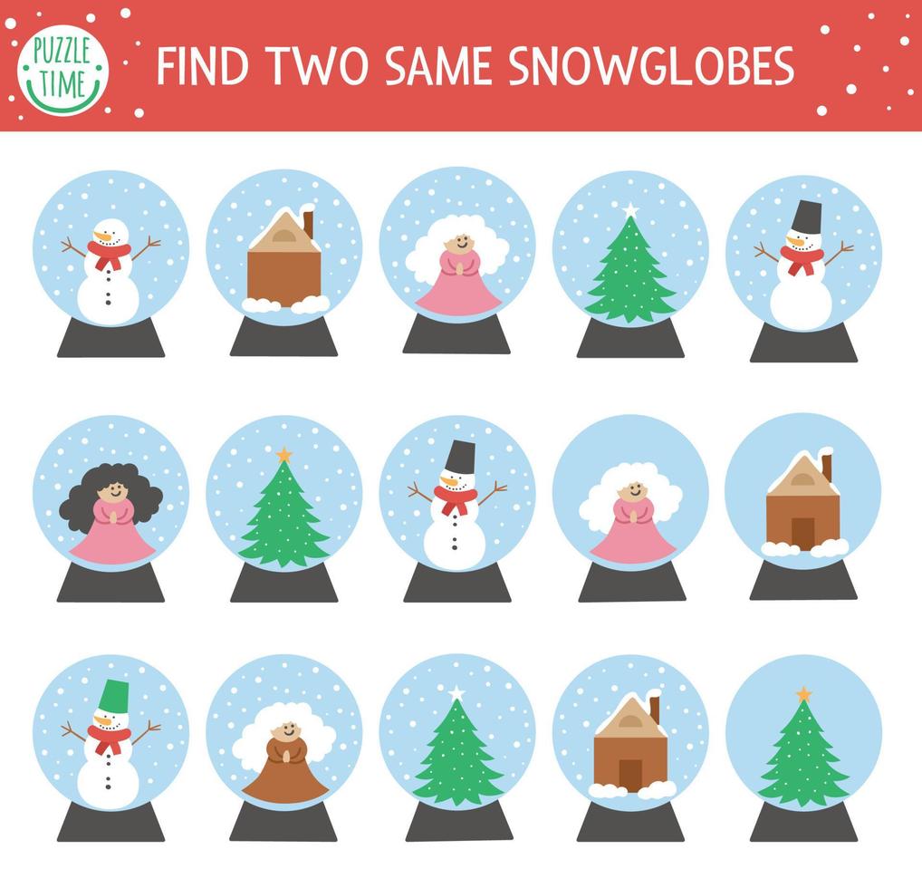 Find two same snow globes. Christmas matching activity for children. Funny educational winter logical quiz worksheet for kids. Simple printable New Year game with traditional toy vector