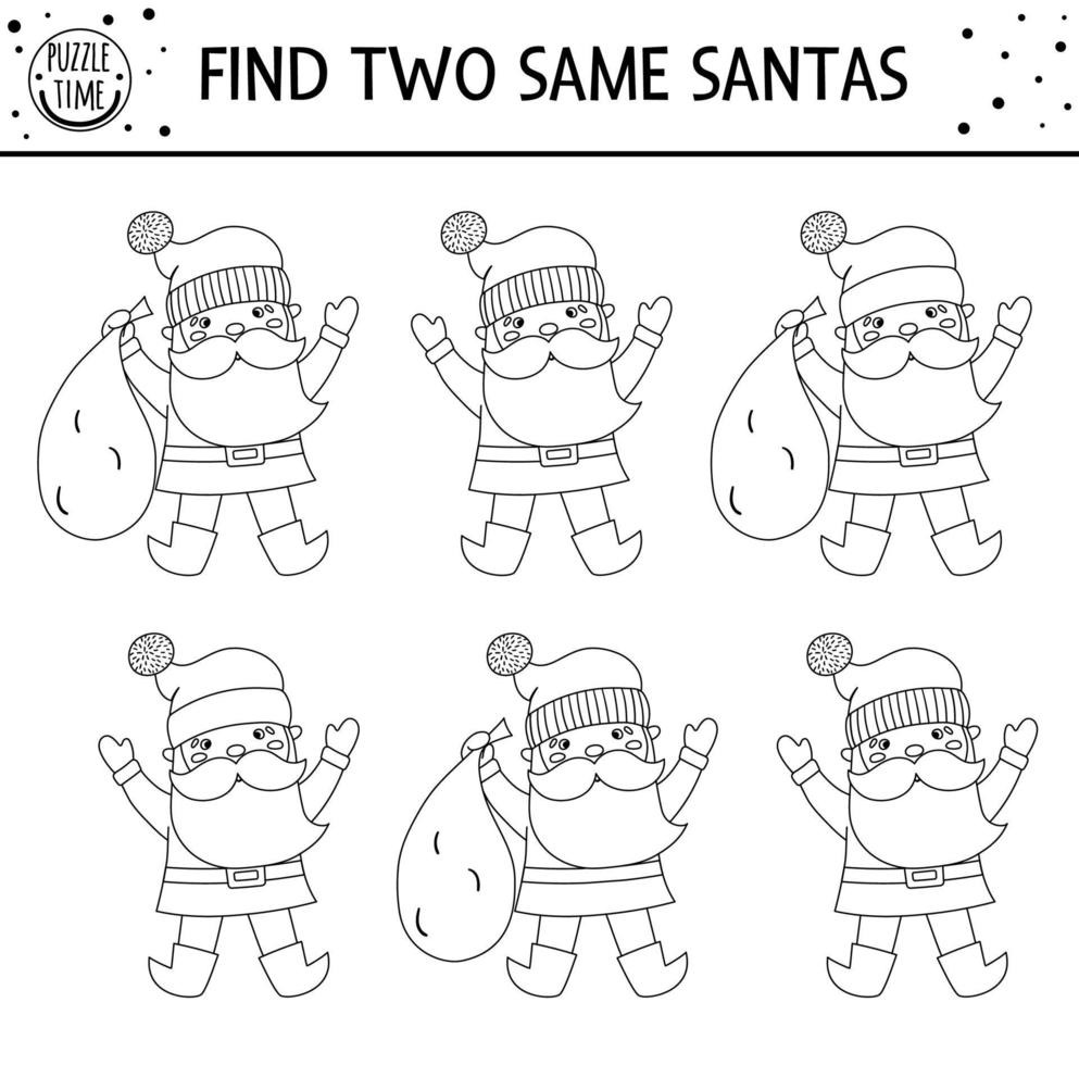 Find two same Santas. Christmas matching activity for children. Funny educational winter logical quiz worksheet for kids. Simple printable New Year game with Santa Claus vector