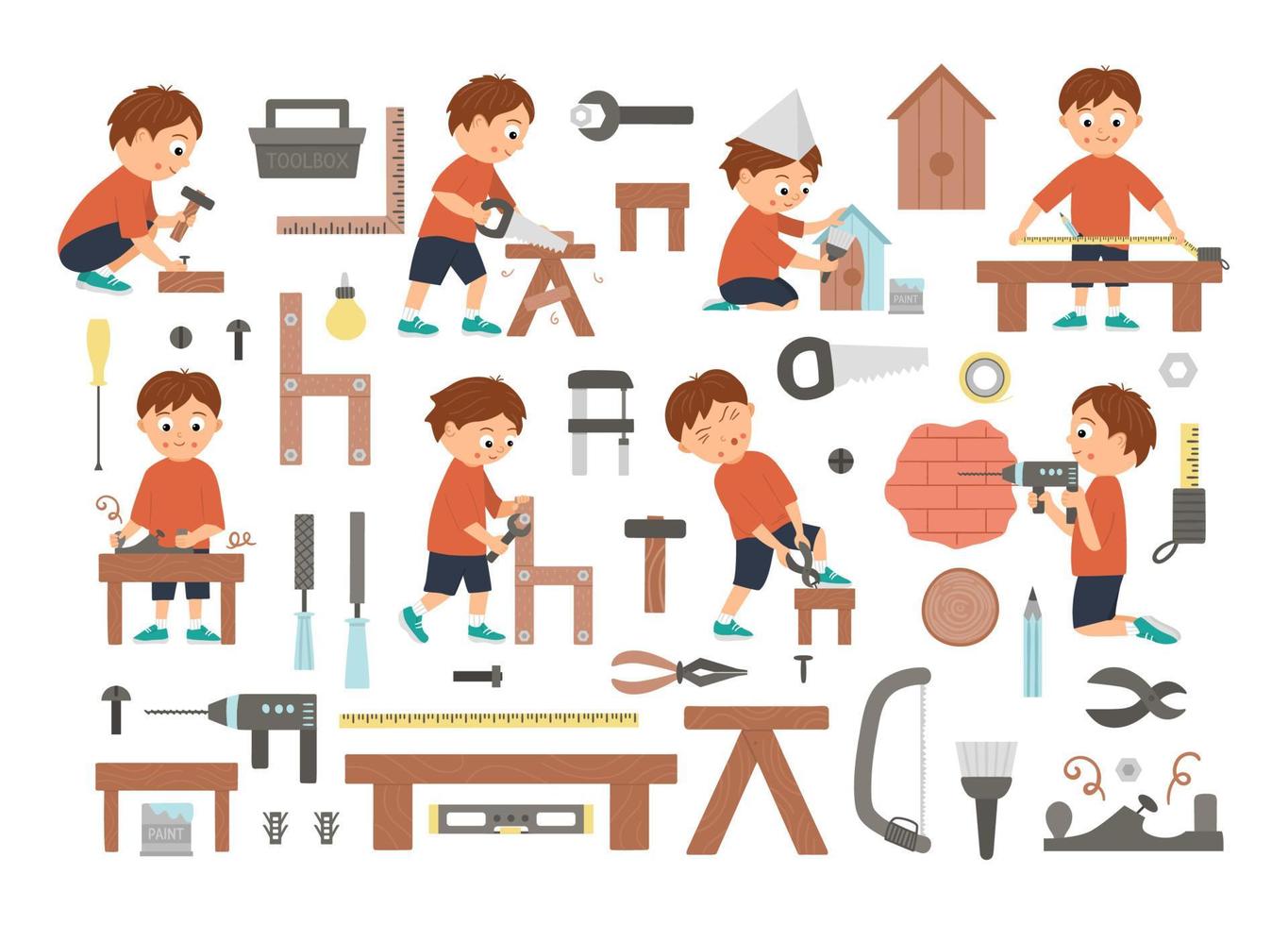 Vector set of boys doing carpenter, building or wood work and tools. Flat funny kid character sawing, nailing up, measuring, drilling a wall, screwing, working with plane, painting a nestling box.