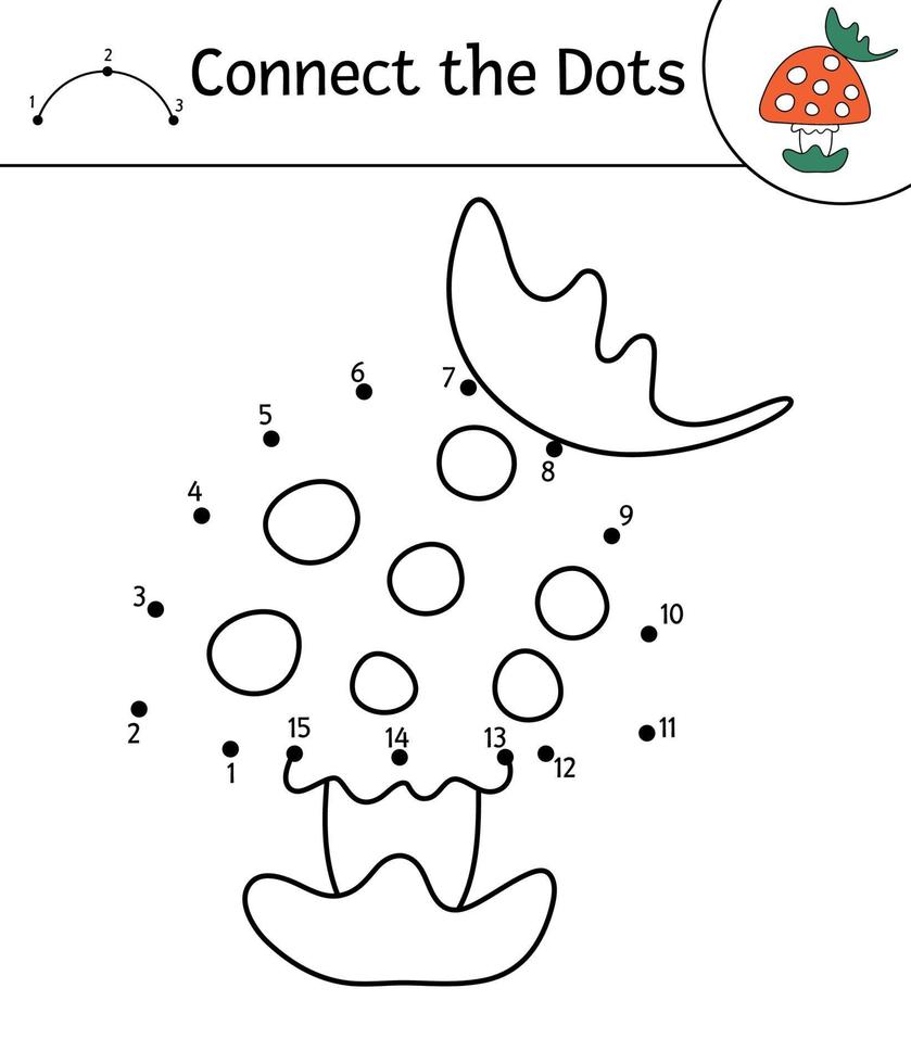 Vector autumn dot-to-dot and color activity with cute mushroom and leaf. Fall season connect the dots game. Funny coloring page for kids with forest plant.