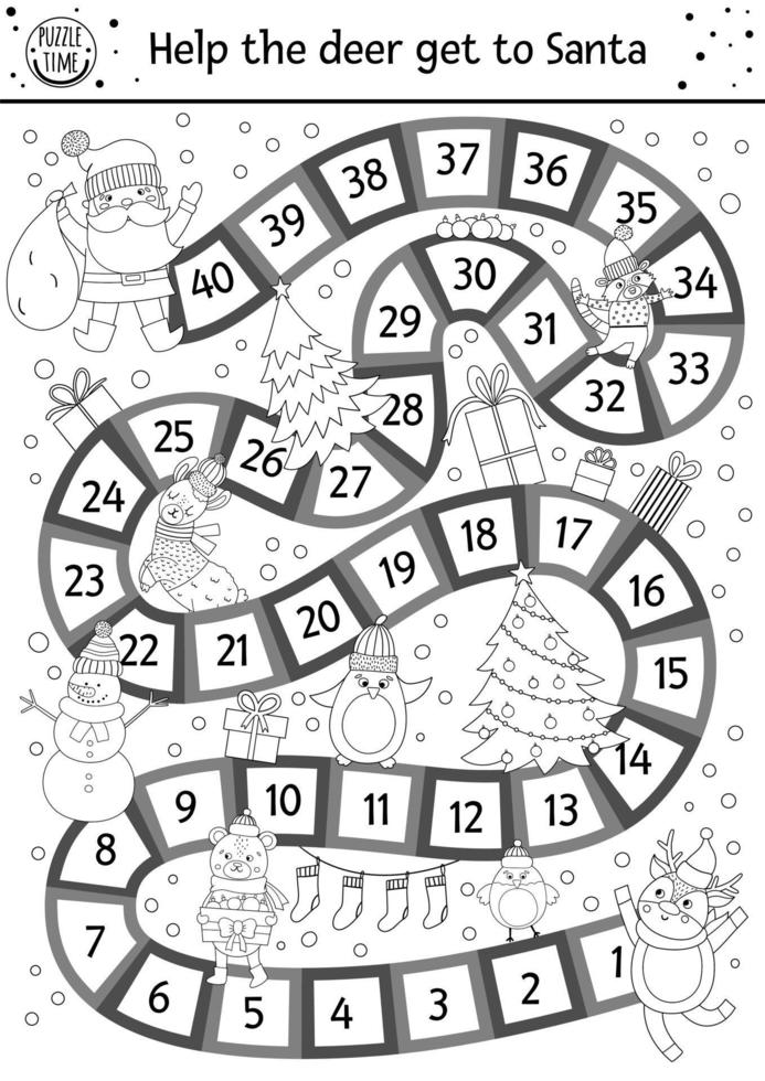 juego de mesa navideño en blanco y negro para niños con lindos animales y santa claus. juego de mesa educativo con ciervos, santa, abeto, regalos. divertida actividad imprimible de invierno o página para colorear. vector