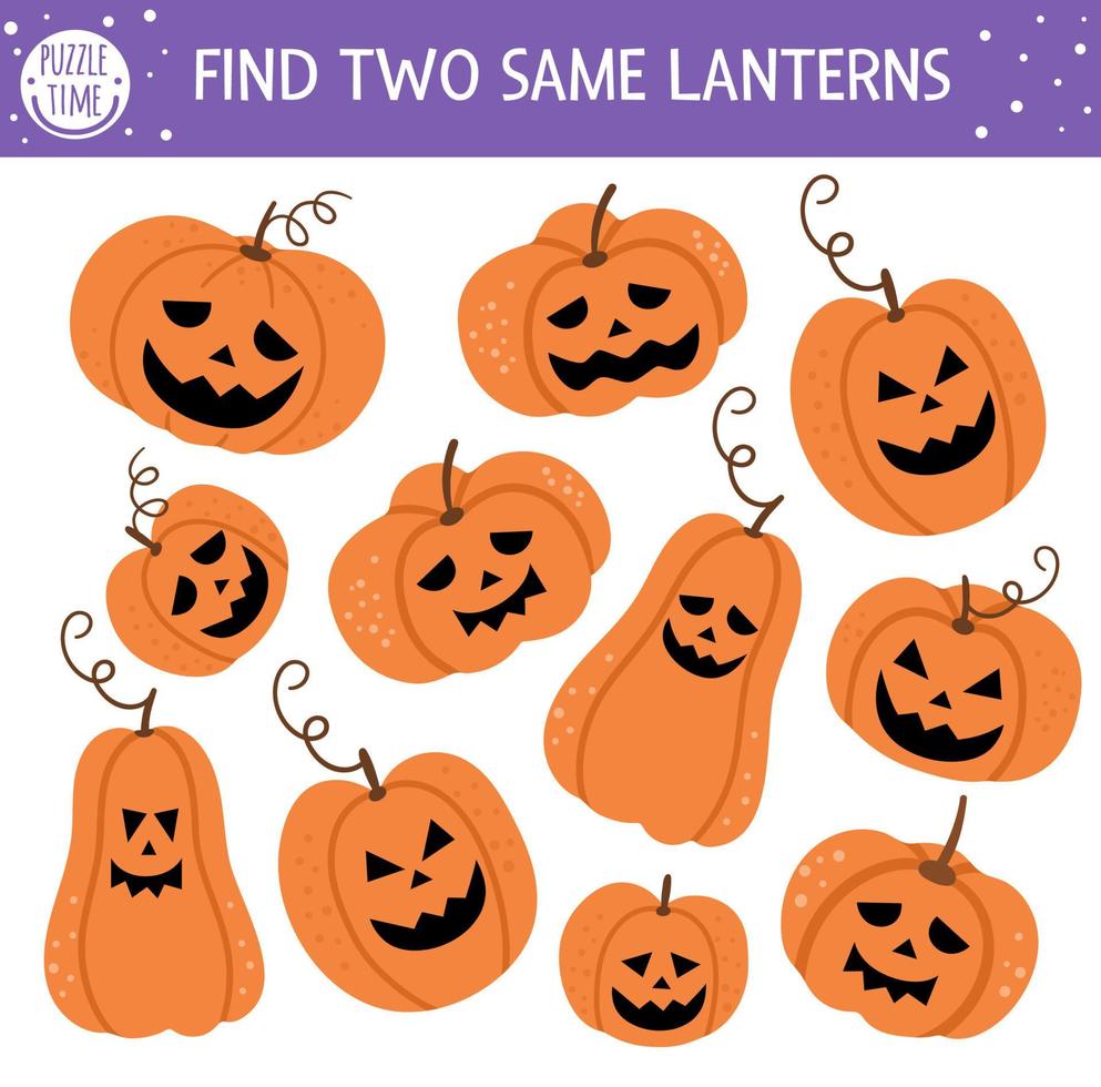 Find two same jack-o-lanterns. Halloween matching activity for children. Funny educational autumn logical quiz worksheet for kids. Simple printable game with scary pumpkin lanterns vector