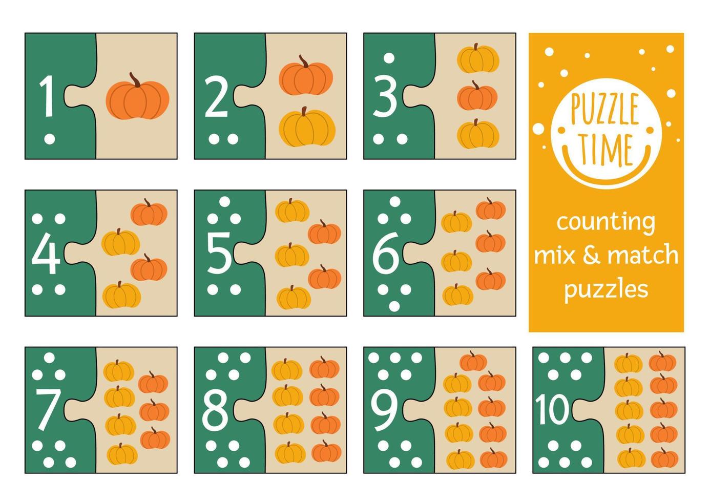 Vector fall Thanksgiving mix and match puzzle with pumpkins. Matching math activity for preschool children. Autumn harvest educational printable counting game for kids with harvest