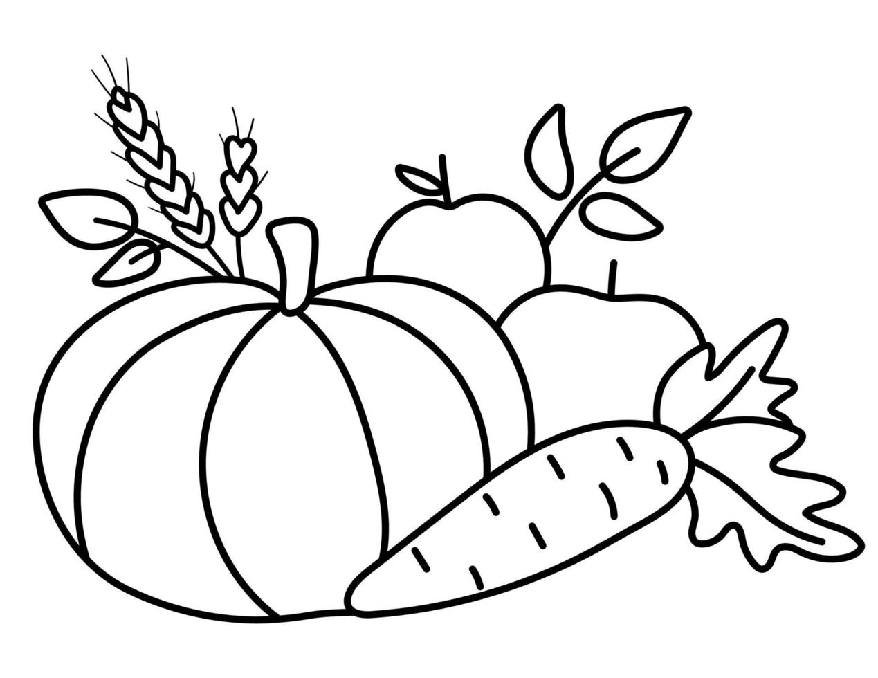 vector arreglo de frutas y verduras en blanco y negro. linda línea horizontal con manzanas, calabaza y zanahoria. Imágenes Prediseñadas de composición de jardín de otoño. icono de contorno de cosecha de temporada de otoño