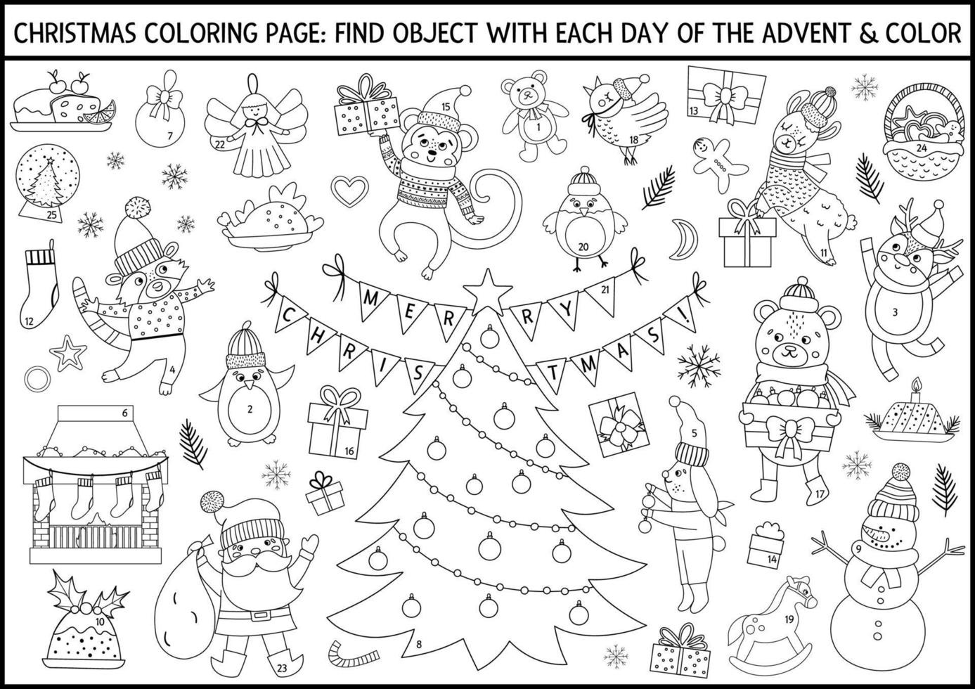 Vector black and white Christmas coloring page and advent calendar with traditional holiday symbols. Cute winter planner for kids. Festive poster design with Santa Claus, fir tree, deer, animals