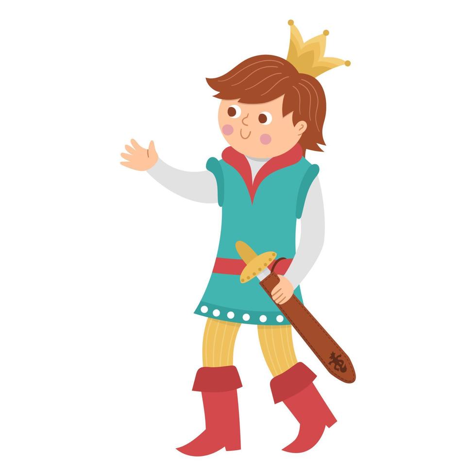 Fairy tale prince with sward isolated on white background. Vector fantasy young monarch in crown. Medieval fairytale character. Cartoon magic sovereign icon