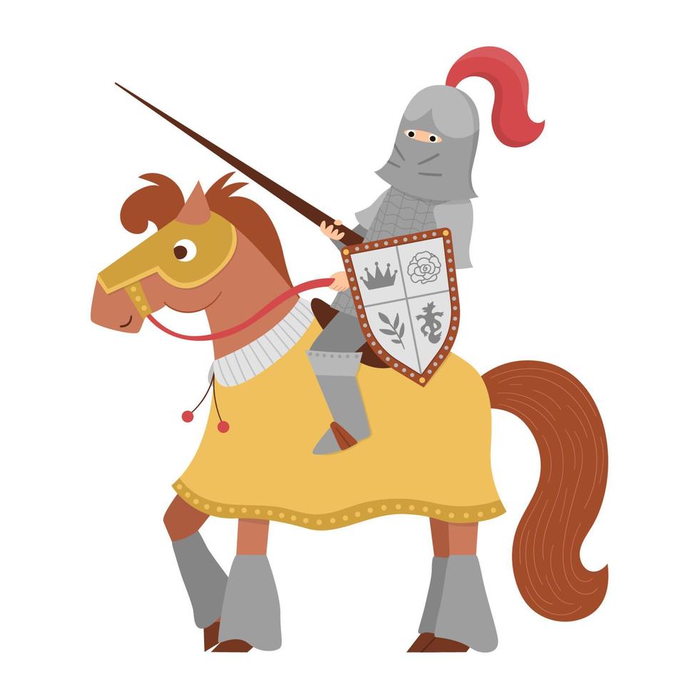 caballero de cuento de hadas sobre un caballo. Guerrero blindado de fantasía aislado sobre fondo blanco. soldado de cuento de hadas en casco con espada, escudo, cota de malla. icono de dibujos animados con carácter medieval y arma. vector