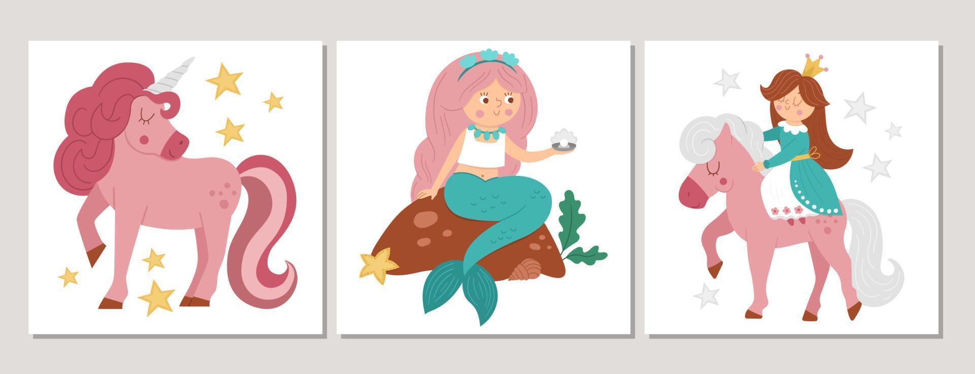 lindo juego de tarjetas cuadradas de cuento de hadas con princesa en un caballo rosa, sirena, unicornio. plantillas de impresión de cuentos de hadas vectoriales con lindos personajes de niña. diseño de fantasía para etiquetas, postales, invitaciones, anuncios vector