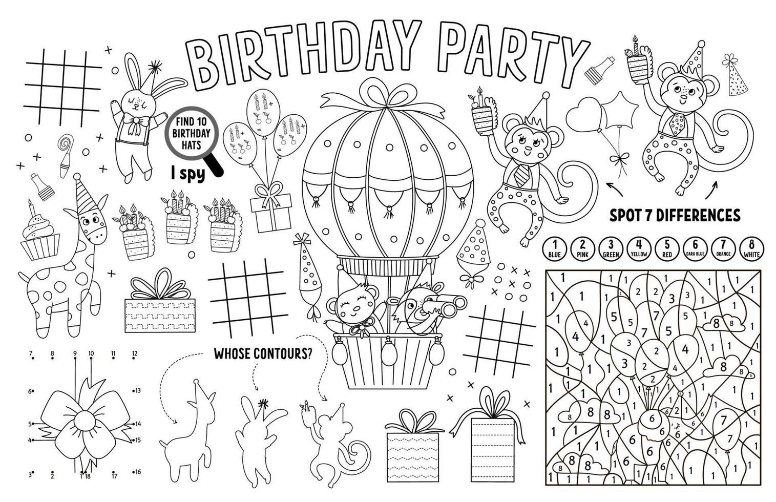 Vector Happy Birthday placemat for kids. Holiday party printable activity mat with maze, tic tac toe charts, connect the dots, find difference. Black and white play mat or coloring page