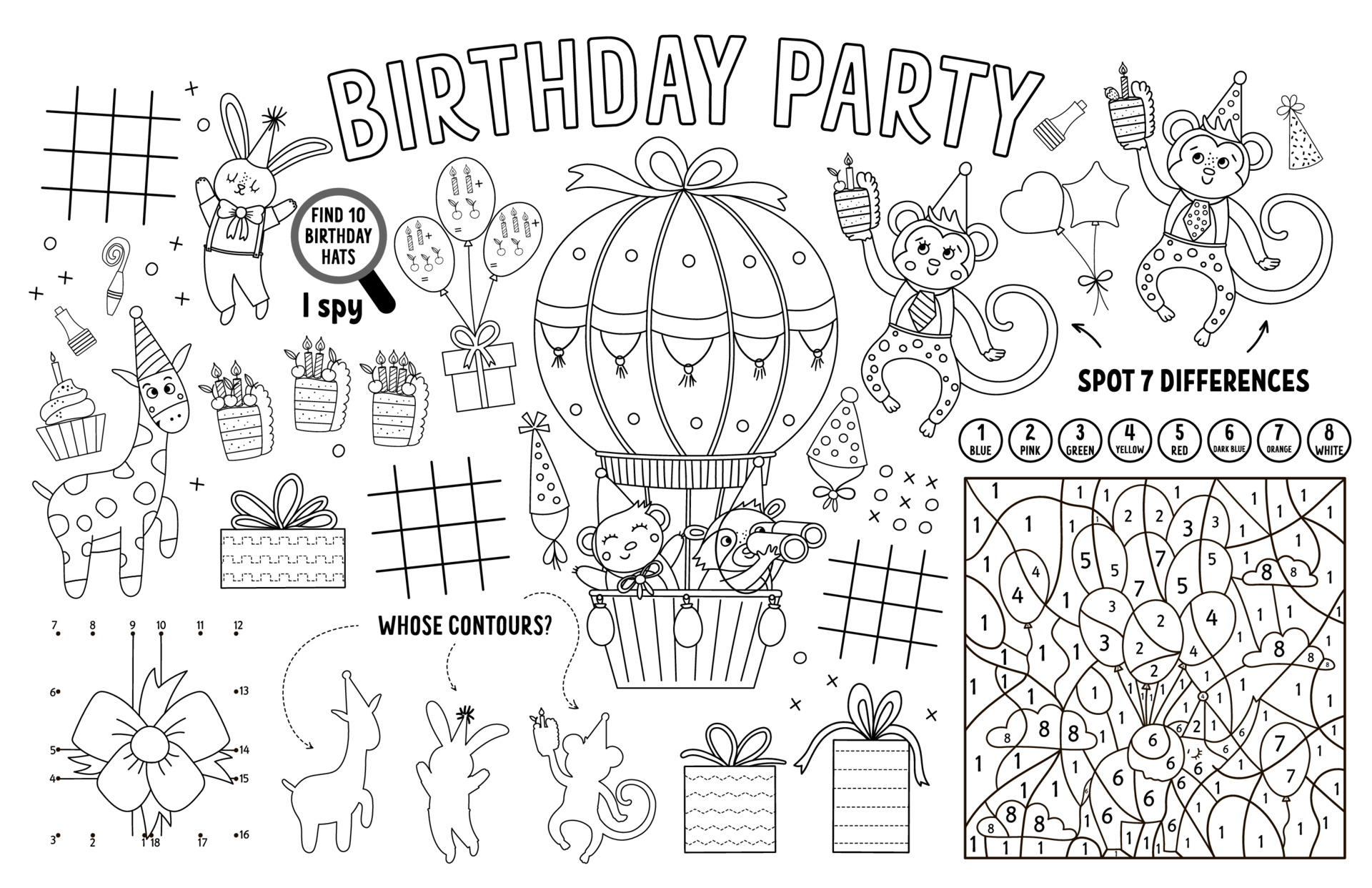 Vector Happy Birthday placemat for kids. Holiday party printable