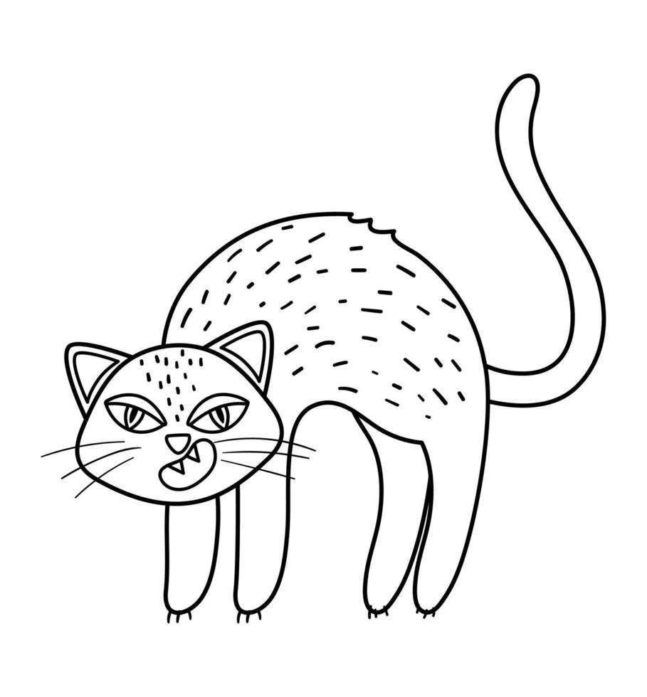 Cute vector black and white cat with arched spine. Halloween character icon. Funny autumn all saints eve illustration with scary animal. Samhain party coloring page for kids.