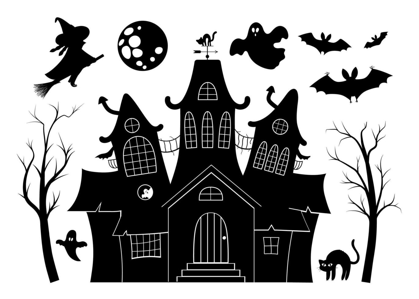 Vector haunted house black and white illustration set. Halloween silhouette elements of spooky cottage, big moon, ghost, bats, trees. Scary Samhain party invitation or card design.