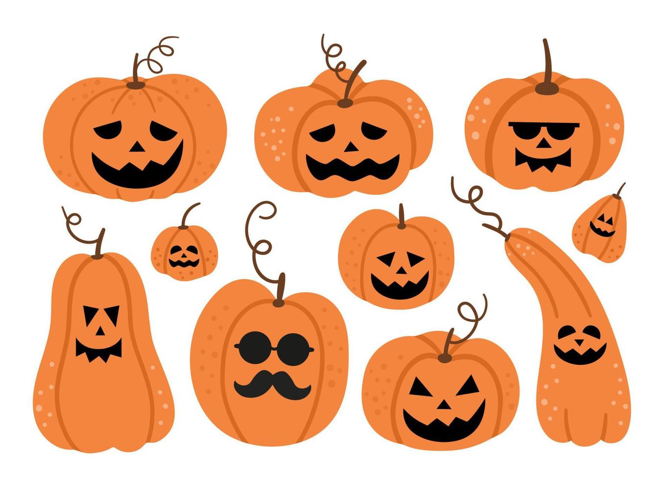 Set of vector jack-o-lanterns. Halloween party illustration with funny pumpkin lanterns. Scary design for Autumn Samhain party. All saints day elements collection.