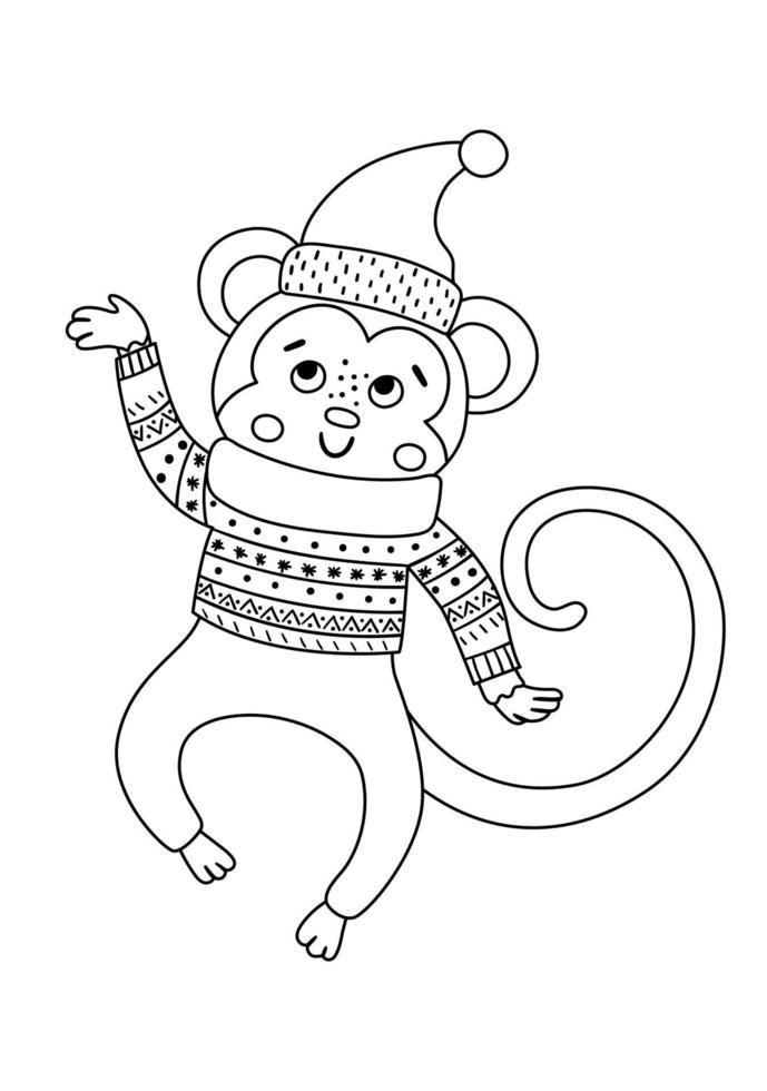 Vector mono saltando en blanco y negro con sombrero, bufanda y suéter. linda ilustración de animales de invierno. divertido icono de línea de Navidad. impresión de año nuevo con personaje sonriente