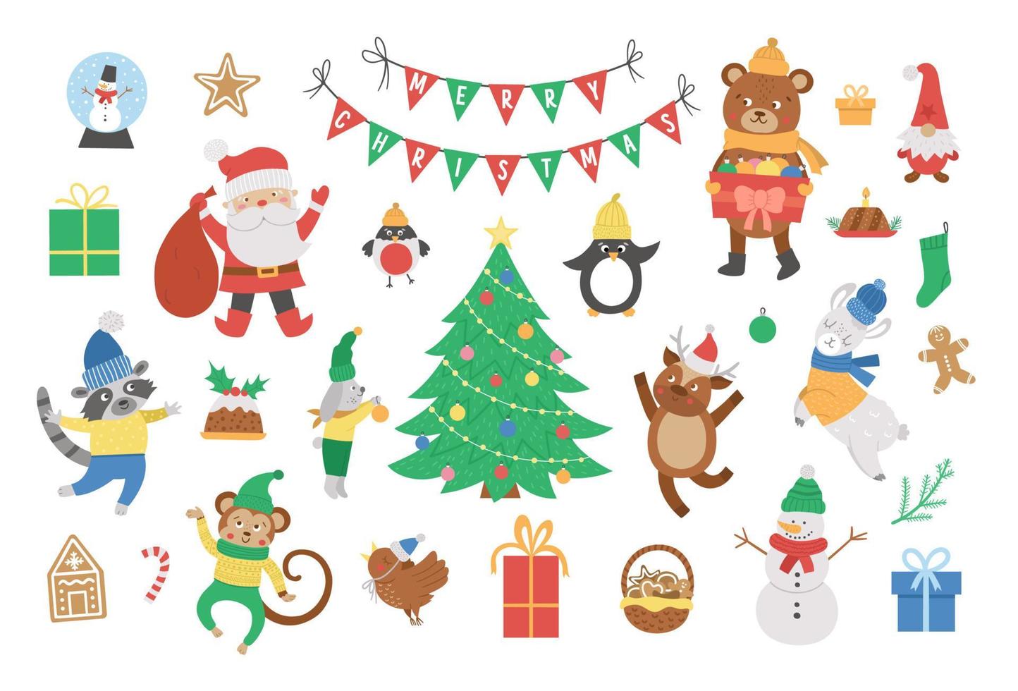 Vector set of Christmas elements with Santa Claus in red hat with sack, deer, fir tree, presents isolated on white background. Cute funny flat style illustration for decorations or new year design.