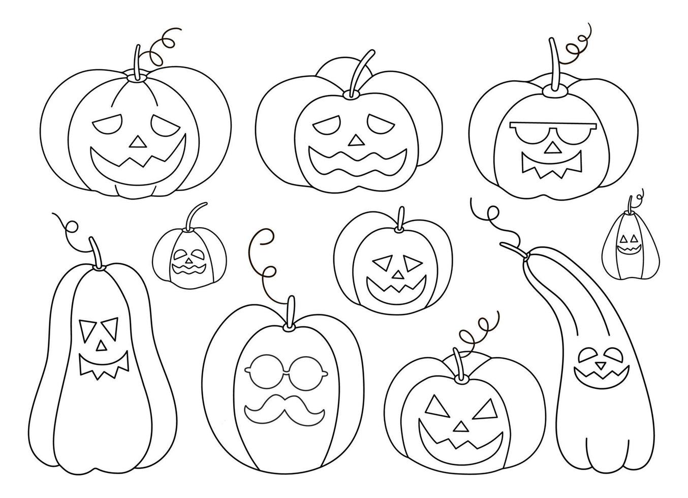 Vector black and white jack-o-lanterns set. Outline Halloween party illustration or coloring page with funny pumpkin lanterns. Scary design for Autumn Samhain party. All saints day elements.