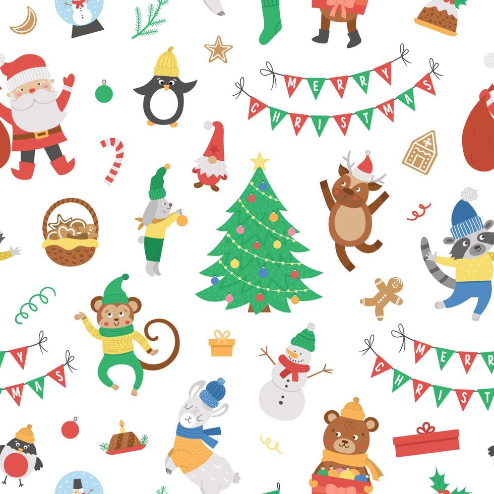 Vector seamless pattern with Christmas elements, Santa Claus in red hat with sack, deer, fir tree, presents. Cute funny flat style New Year repeating background.