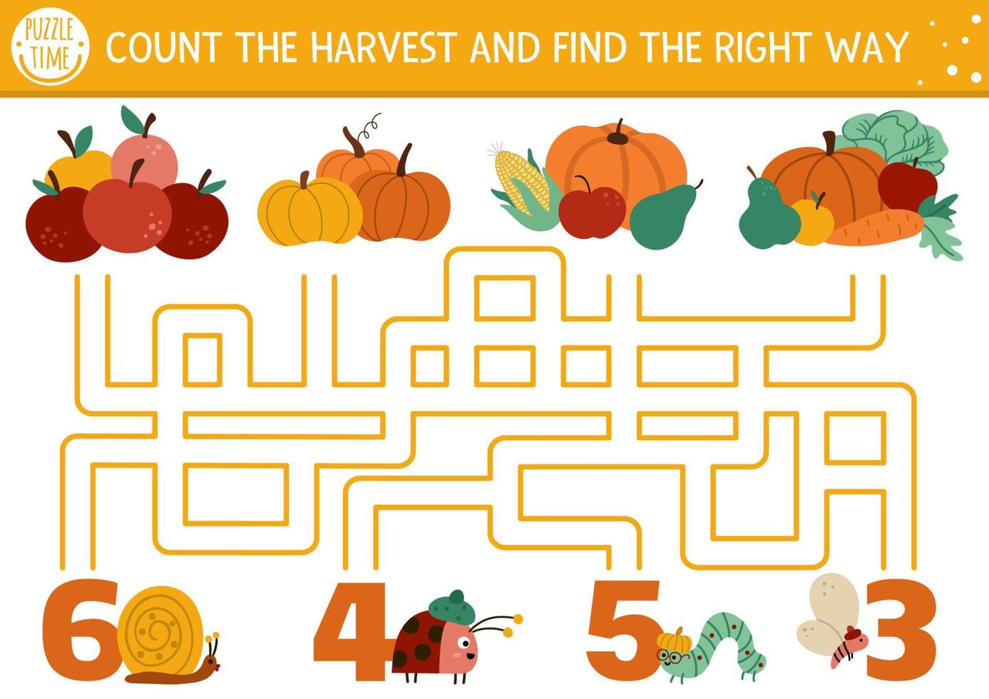 Thanksgiving Day maze for children. Autumn holiday preschool printable counting activity. Fall labyrinth game or math puzzle with cute vegetables, insects. Count harvest and fond the right way vector