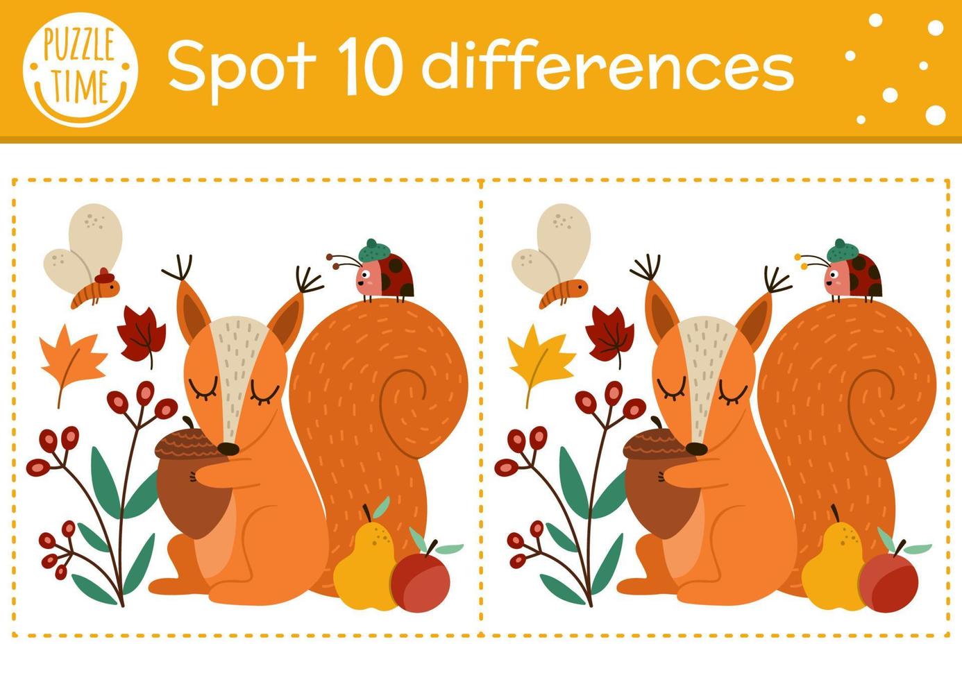 Find differences game for children. Autumn forest educational activity with squirrel and acorn. Printable worksheet with cute animal. Woodland puzzle for kids. Fall preschool sheet vector