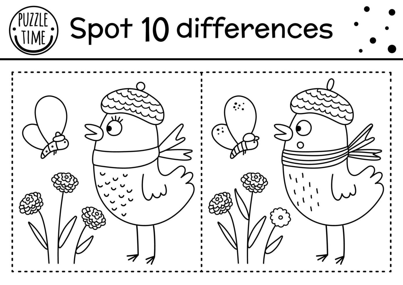 Find differences line game for kids. Black and white Autumn forest educational activity with bird, moth, flowers. Printable worksheet with cute animal. Woodland puzzle. Fall preschool coloring page vector