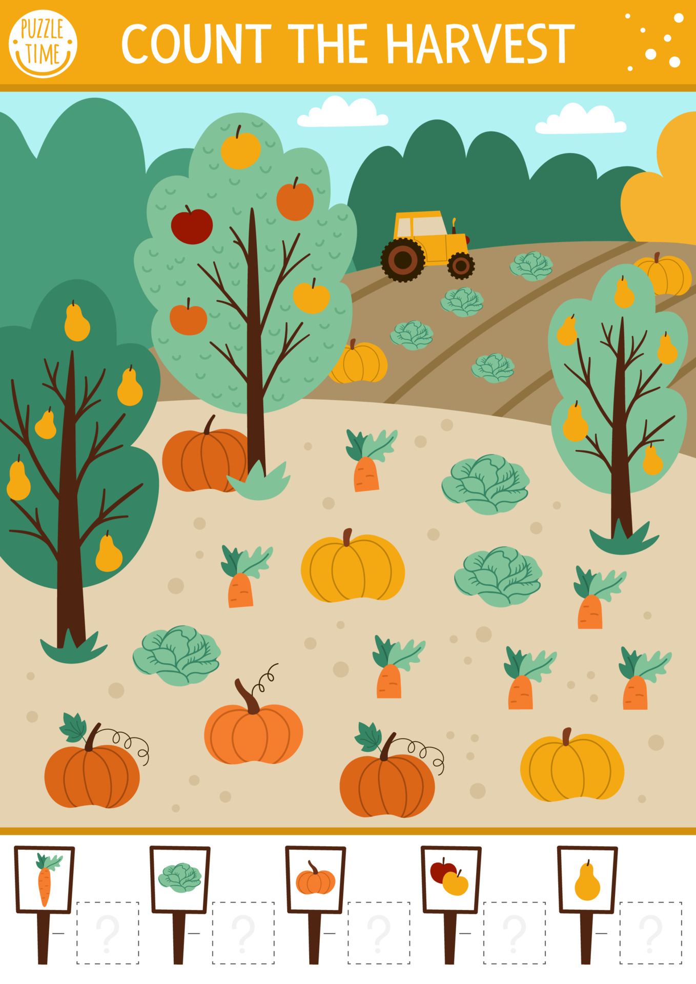 Autumn counting game with harvest in the garden or field ...