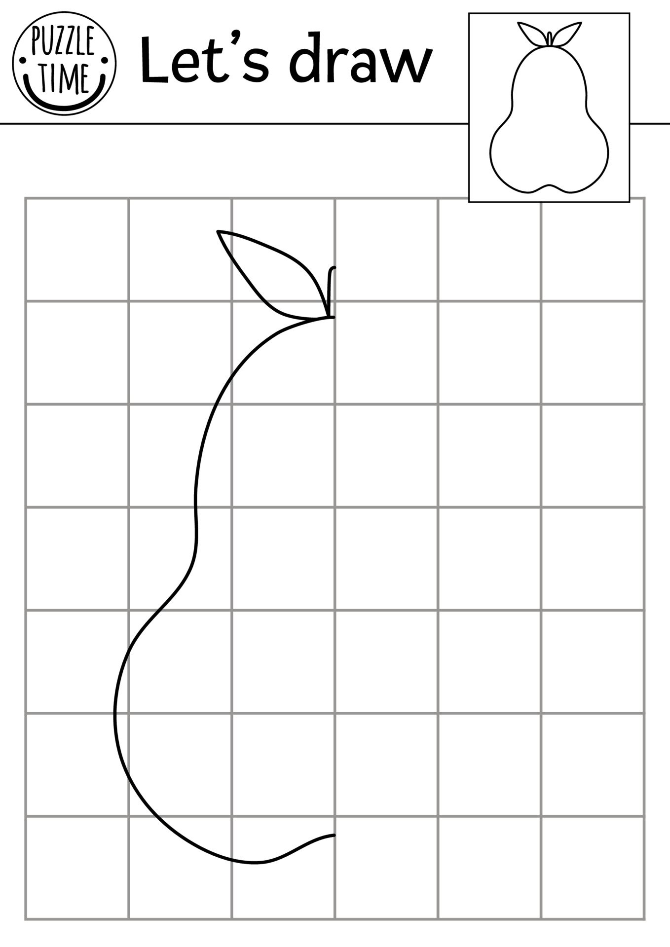 Complete the pear picture. Vector garden symmetrical drawing practice worksheet. Printable black