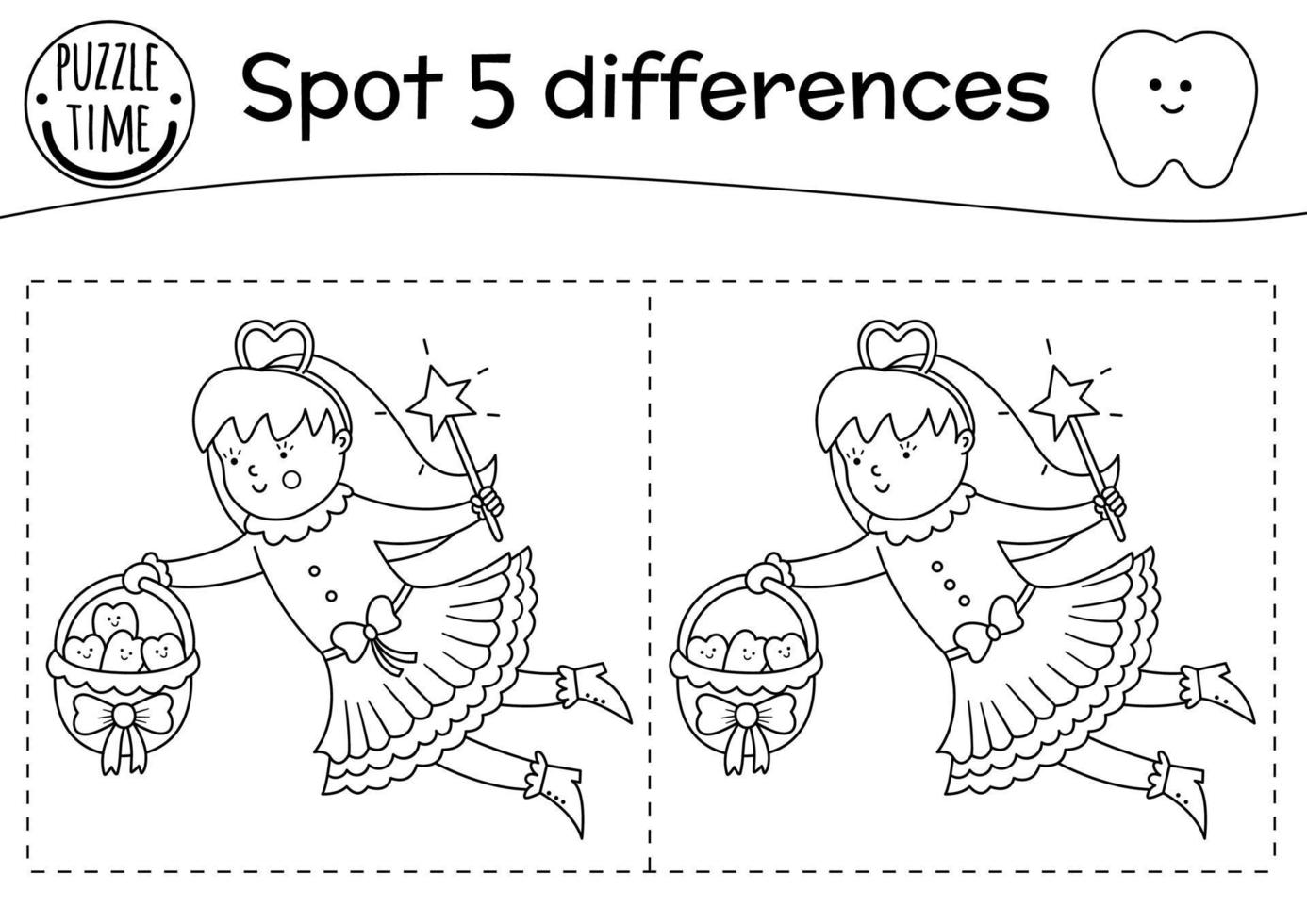Black and white dental care find differences game for children. Mouth hygiene outline preschool activity with cute Tooth Fairy. Tooth loss puzzle or coloring page with cute characters for kids. vector