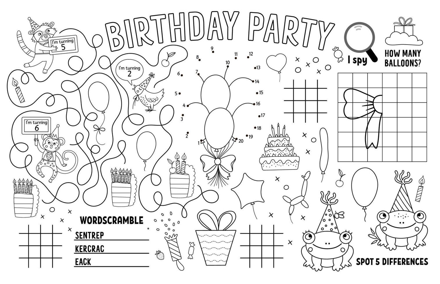 Vector Happy Birthday placemat for kids. Holiday party printable activity mat with maze, tic tac toe charts, connect the dots, find difference. Black and white play mat or coloring page