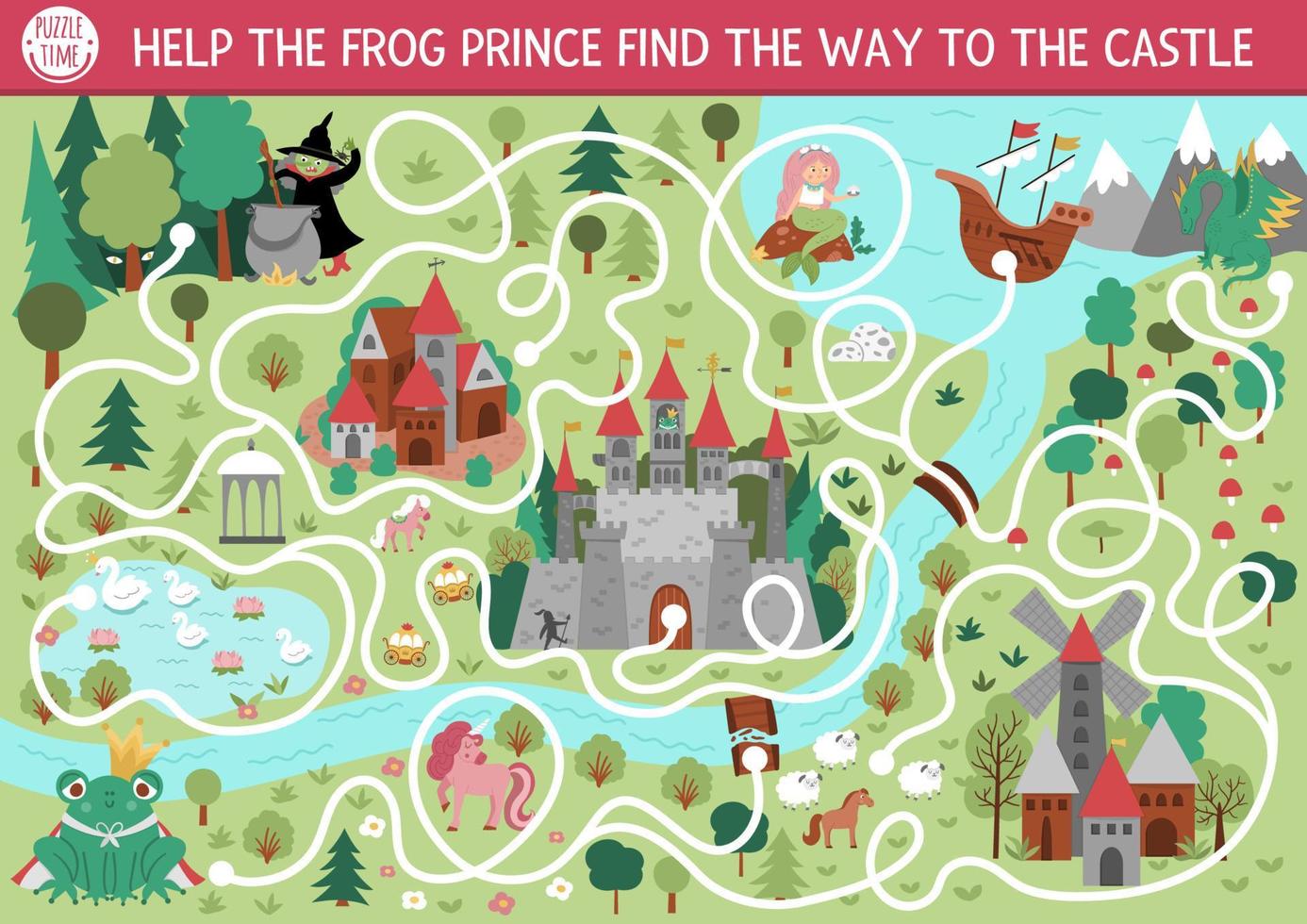 Fairytale maze for kids with medieval village landscape map. Magic kingdom preschool printable activity. Fairy tale labyrinth game or puzzle. Help the frog prince find the way to the castle vector