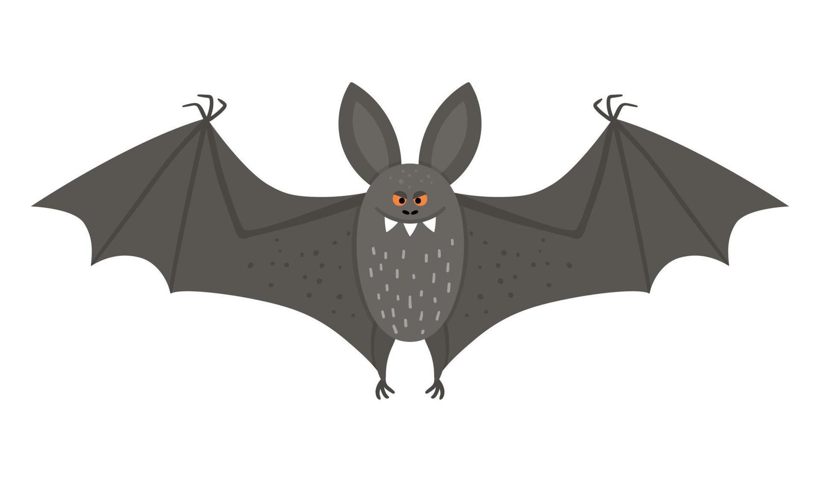 murciélago lindo vector con alas extendidas. icono de personaje de halloween. Ilustración divertida de la víspera de todos los santos de otoño con un animal negro volador. diseño de cartel de fiesta samhain para niños.