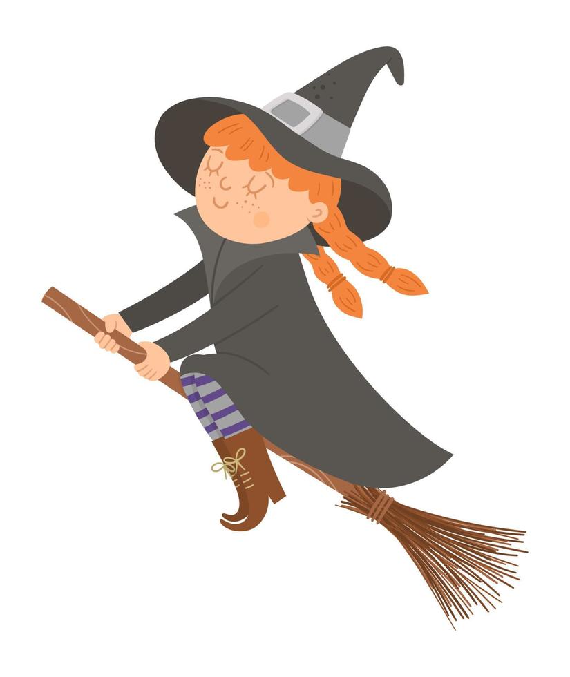 Cute vector witch on the broom. Halloween character icon. Funny autumn all saints eve illustration with girl in a tall hat flying on broomstick. Samhain party sign design for kids.
