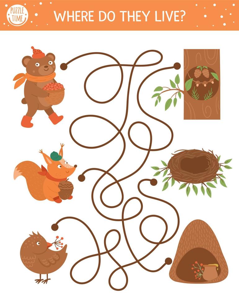 Autumn maze for children. Preschool printable educational activity. Funny fall season puzzle with cute woodland animals and their homes. Where do they live. Forest game for kids. vector