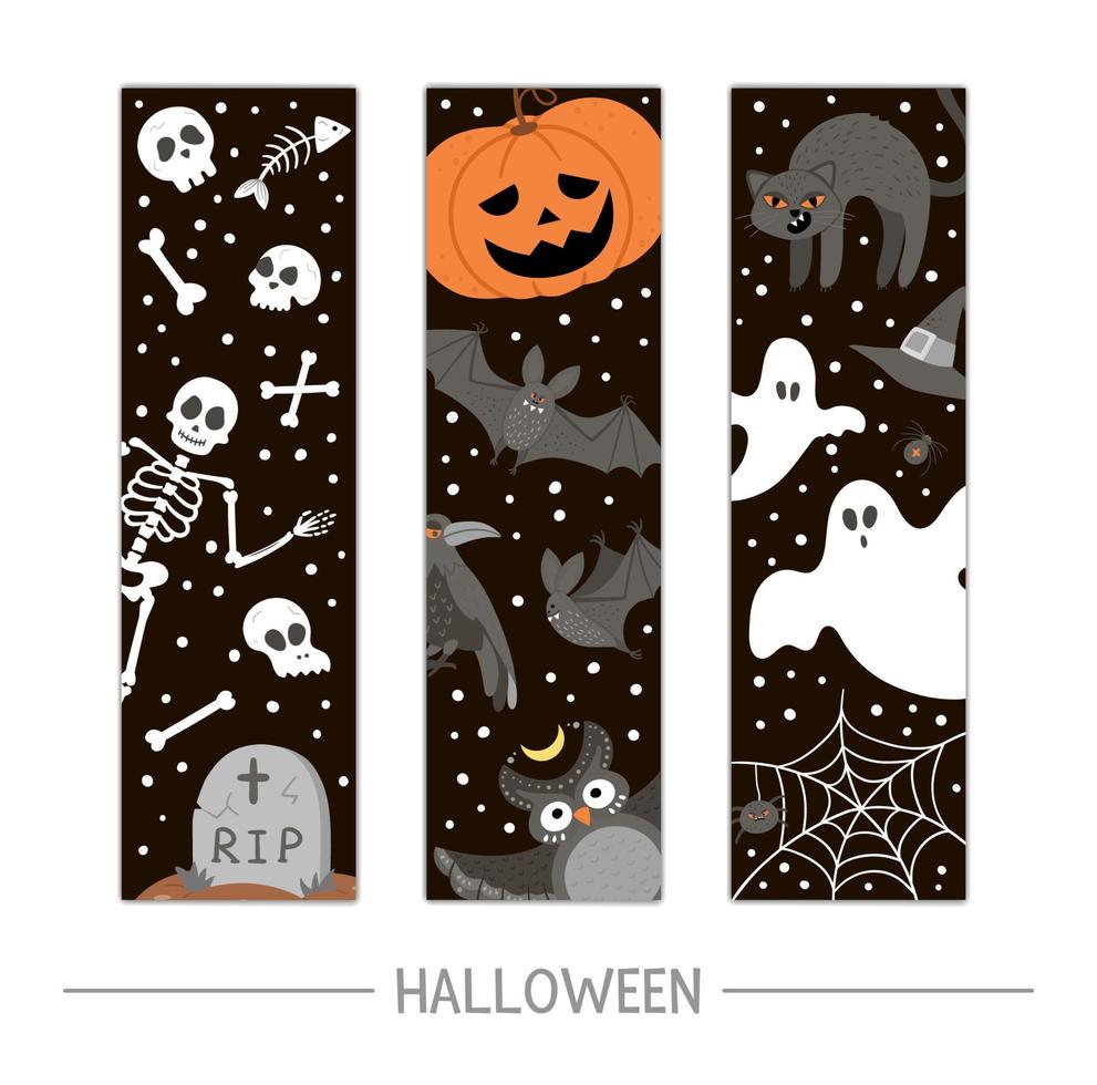 Vector back to school Halloween bookmarks set. Funny all saints day design for banners, posters, invitations. Vertical card template with skeleton, pumpkin lantern, ghosts, black cat and bats.