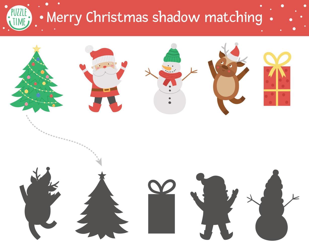 Christmas shadow matching activity for children. Winter puzzle with cute objects. Educational game for kids with fir tree, snowman, Santa. Find the correct silhouette printable worksheet. vector