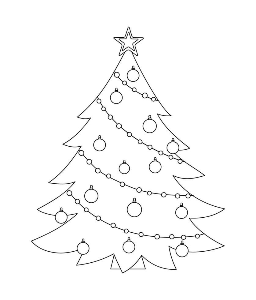 Vector black and white decorated Christmas tree isolated on white background. Cute funny line illustration of new year symbol. Fir line icon or coloring page.