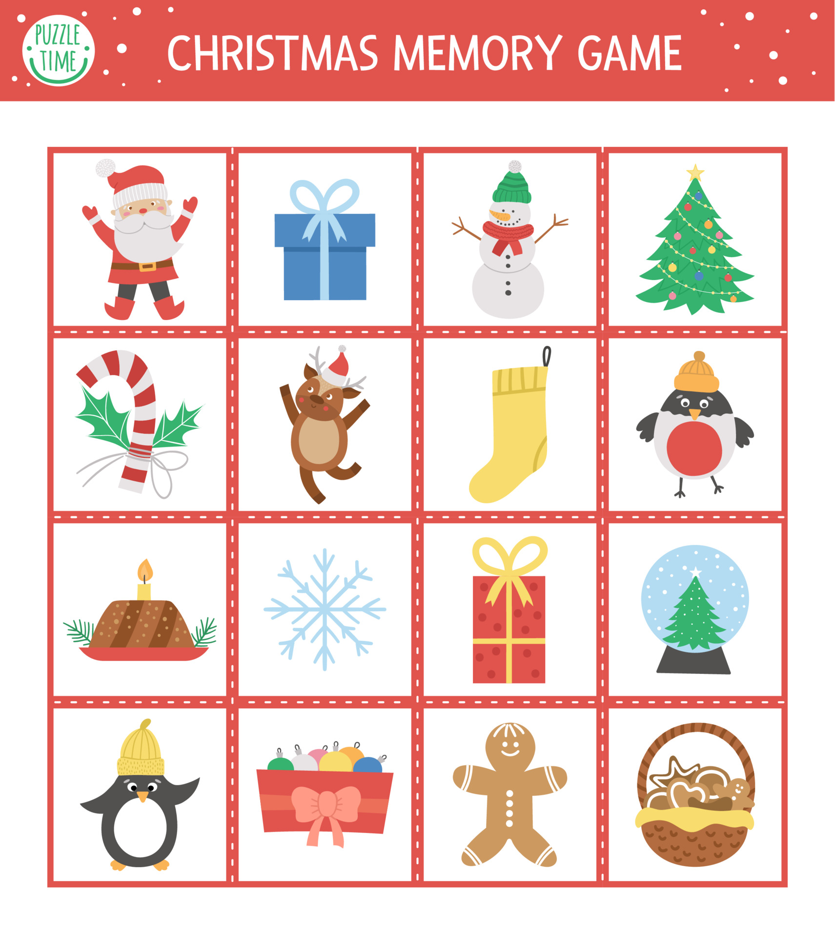 Christmas memory game cards with traditional holiday symbols