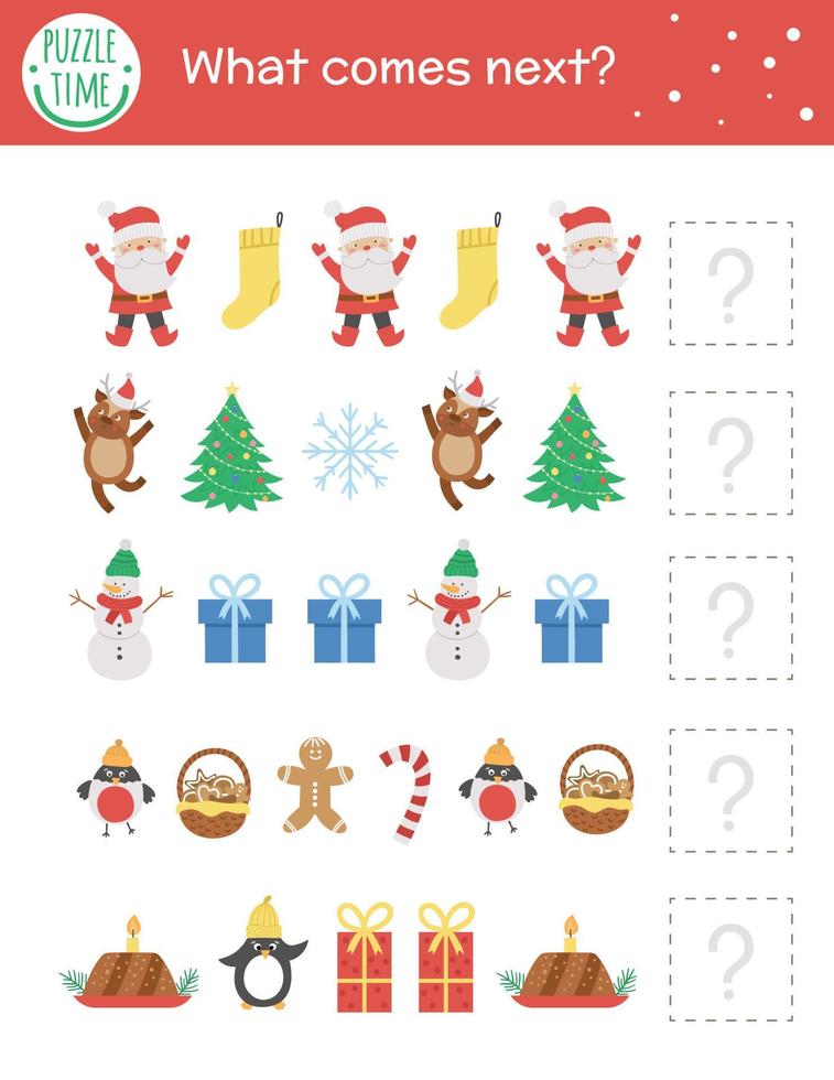 What comes next. Christmas matching activity for preschool children with traditional holiday symbols. Funny educational puzzle. Logical quiz worksheet. Continue the row. Simple winter game for kids vector