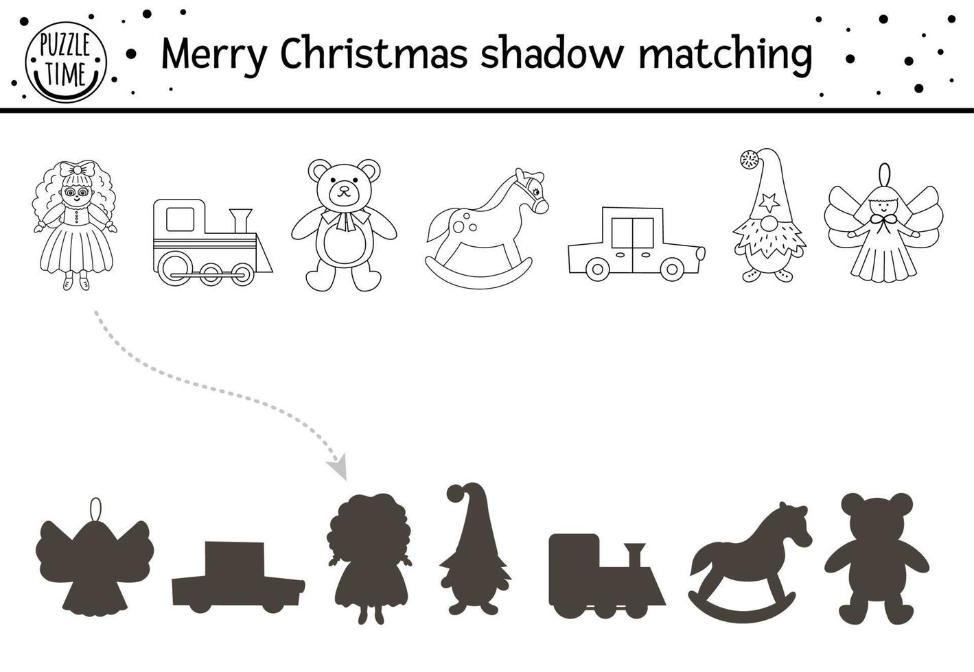Christmas black and white shadow matching activity for children. Winter coloring page with cute toys. Educational game for kids with doll and teddy bear. Find correct silhouette printable worksheet. vector