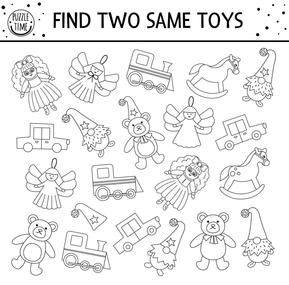 Find two same toys. Black and white Christmas matching activity for children. Funny educational winter logical quiz worksheet for kids. Simple printable New Year game or coloring page vector