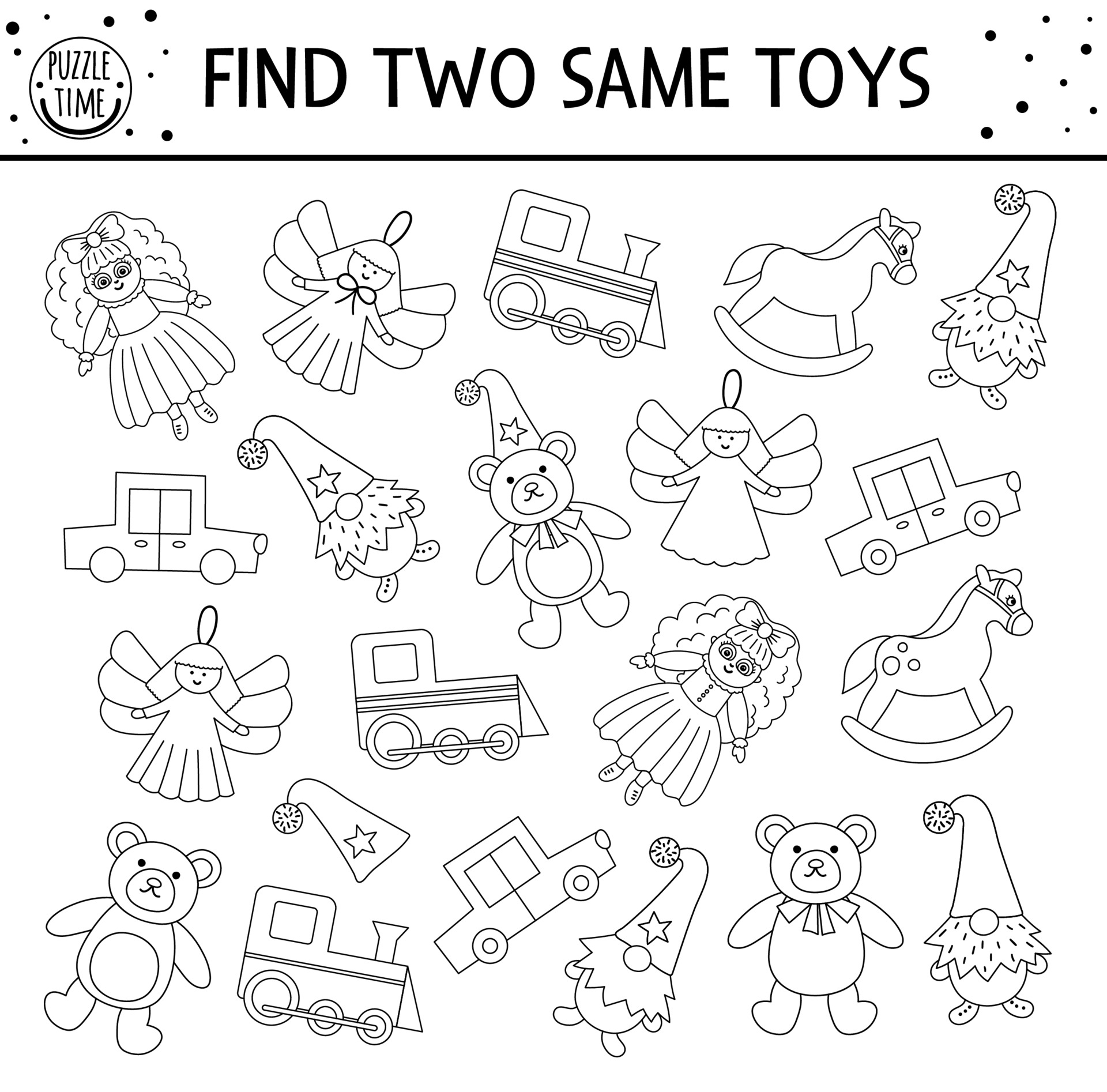 Find two same toys. Black and white Christmas matching activity for