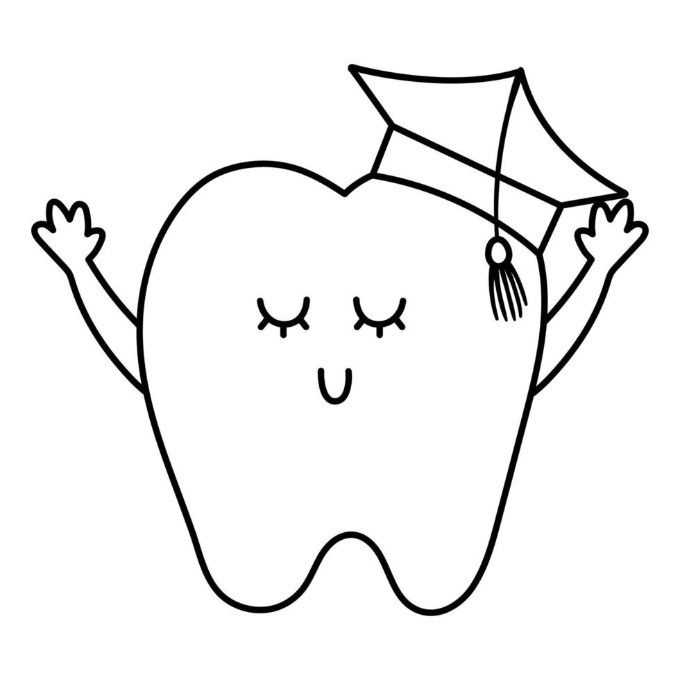 muela del juicio kawaii en blanco y negro con sombrero académico. vector icono de línea de dientes. imagen divertida del cuidado dental. Dentista bebé clínica clipart o página para colorear con concepto de higiene bucal