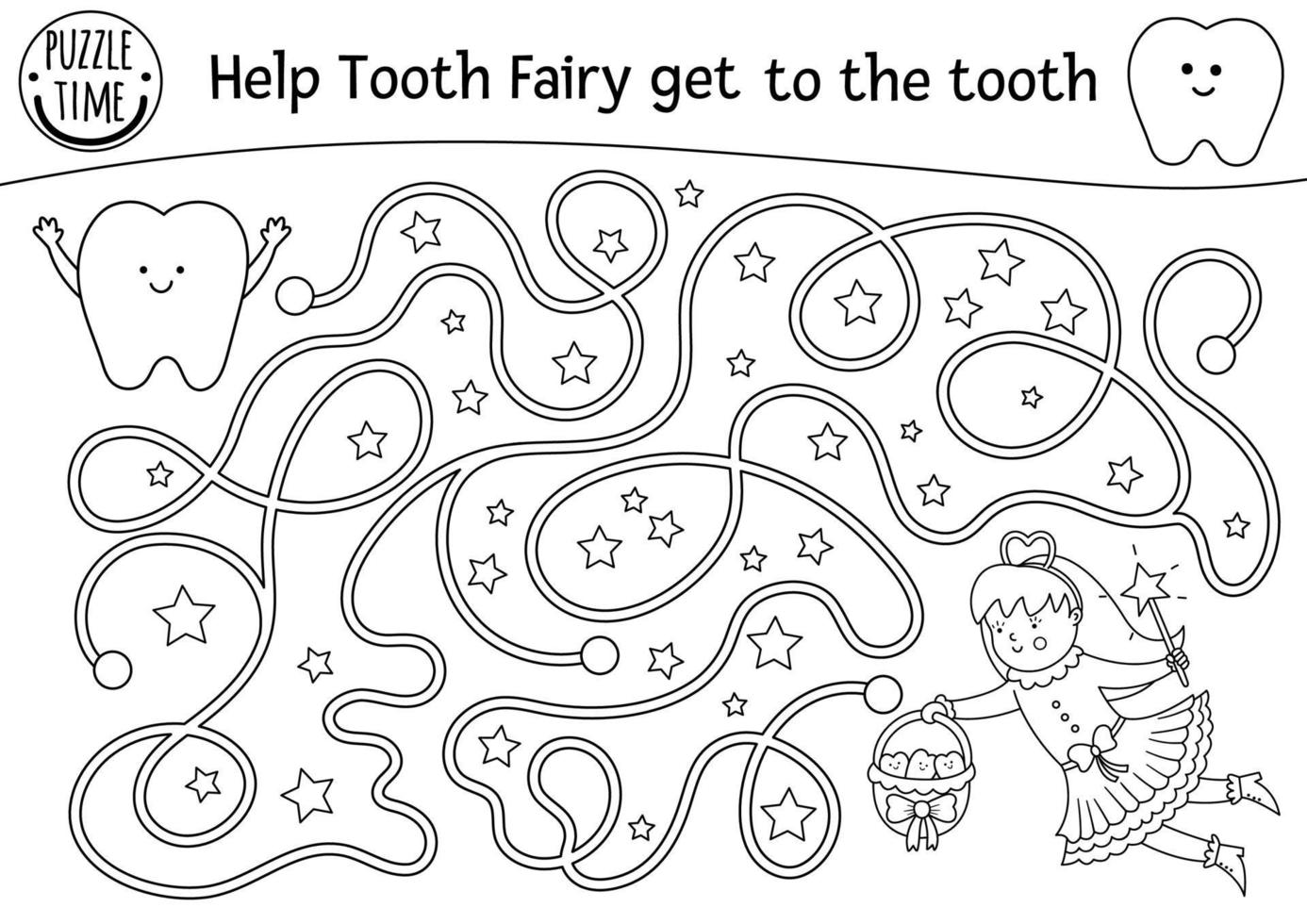 Black and white dental care maze for children. Preschool line dentist clinic activity or coloring page. Help the Tooth Fairy get to the tooth. Mouth hygiene labyrinth for kids vector