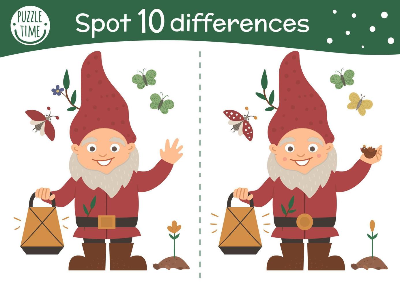 Spring find differences game for children. Garden preschool activity with gnome, baby plants and insects. Attention skills puzzle with cute funny dwarf. vector