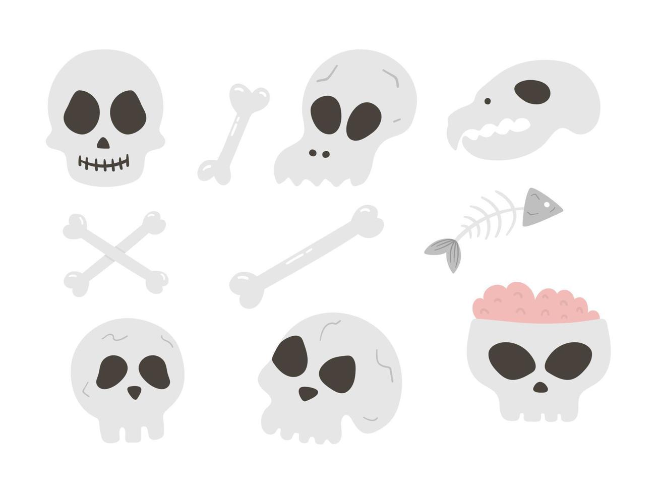 conjunto de cráneos y huesos de vector. Ilustración de fiesta de Halloween con esqueletos humanos y animales. diseño de miedo para la fiesta de otoño de samhain. colección de elementos del día de todos los santos. vector