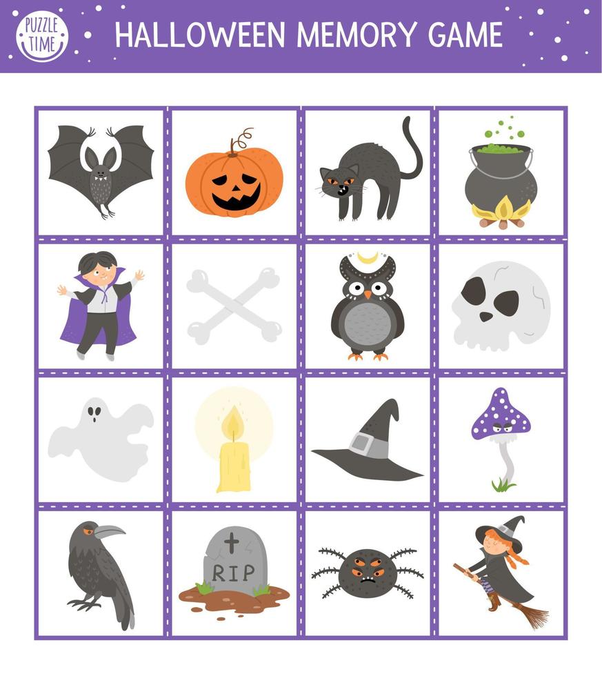 Halloween memory game cards with traditional holiday symbols. Matching activity with funny characters. Remember and find correct picture card. Simple autumn printable worksheet for kids. vector