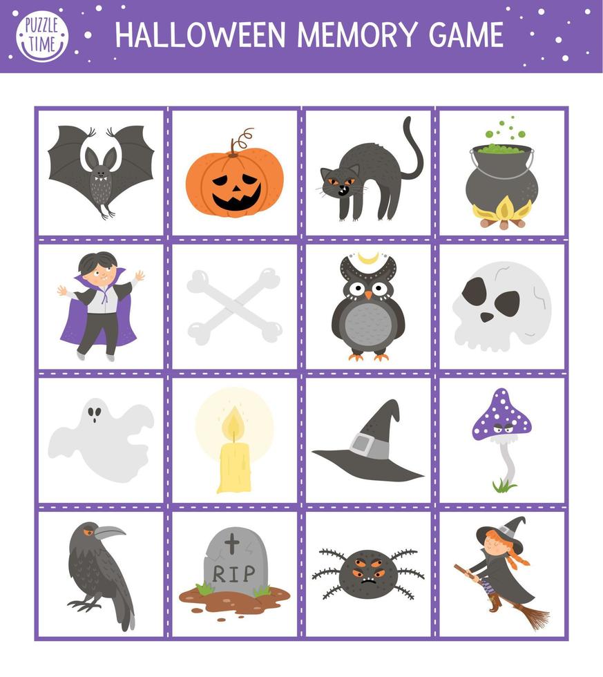 Tarjetas de juego de memoria de Halloween con símbolos tradicionales de vacaciones. actividad de emparejamiento con personajes divertidos. recuerde y encuentre la tarjeta de imagen correcta. simple hoja de trabajo imprimible de otoño para niños. vector