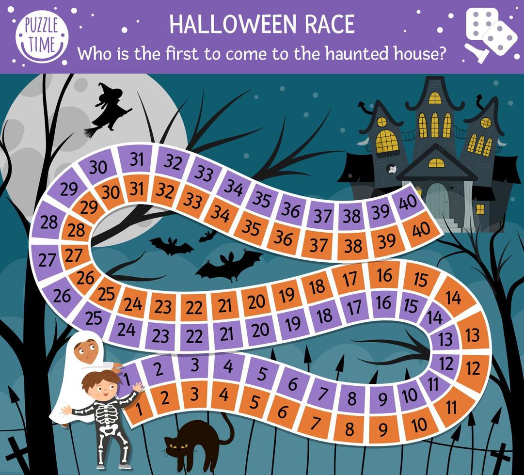 Halloween board game with spooky castle and cute children. Educational boardgame with bats, black cat, witch. Who is the first to come to the haunted house Scary printable activity. vector