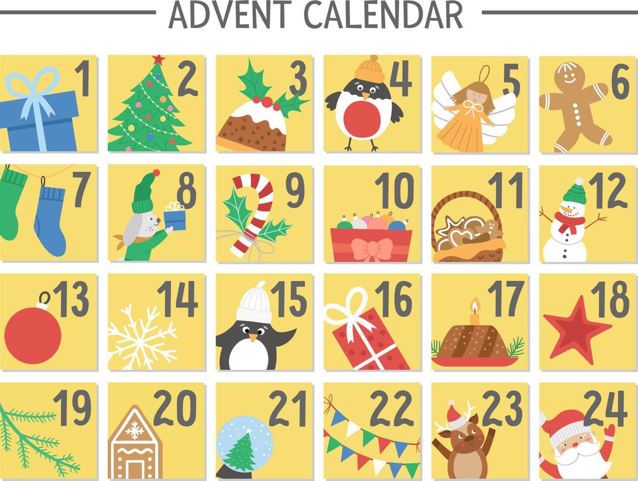 Vector Christmas advent calendar with traditional holiday symbols. Cute winter planner for kids. Festive poster or box packaging design with Santa Claus, fir tree, deer, present