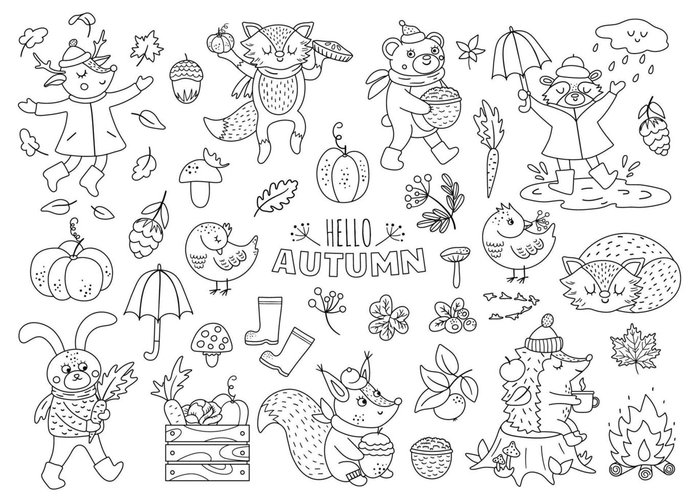 Black and white vector autumn animals set. Cute outline woodland collection. Fall season icons pack.  Funny forest line illustration or coloring page with hedgehog, fox, bird, deer, rabbit, bear