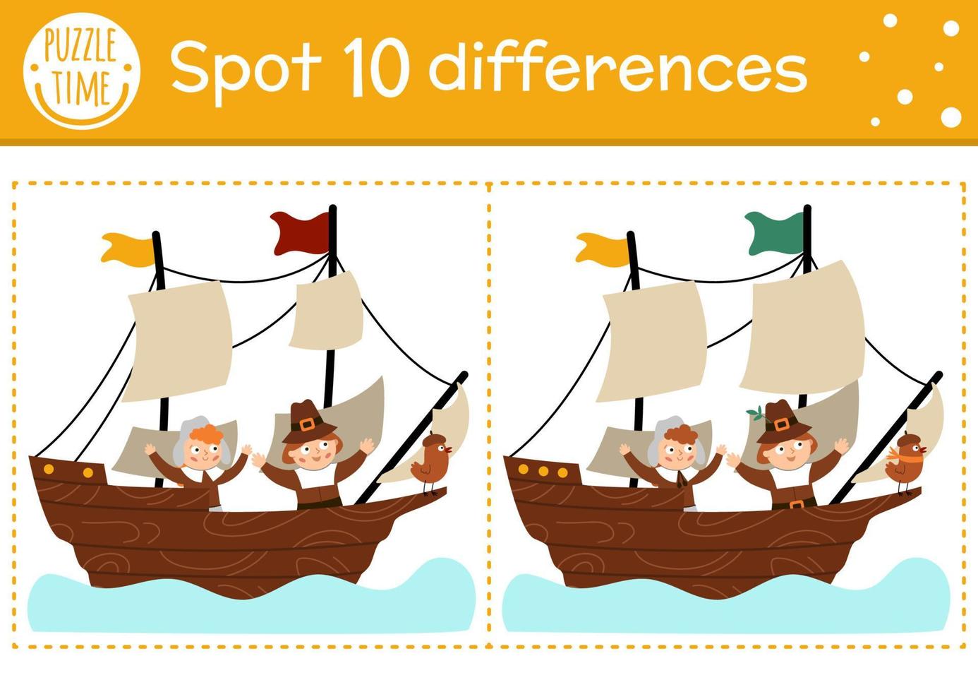 Find differences game for children. Thanksgiving educational activity with pilgrims sailing on a ship. Printable worksheet. Autumn historical holiday puzzle for kids. Fall preschool sheet vector
